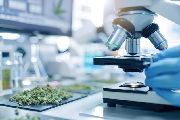 Scientist examining cannabis samples under a microscope in a lab conducting research and analysis