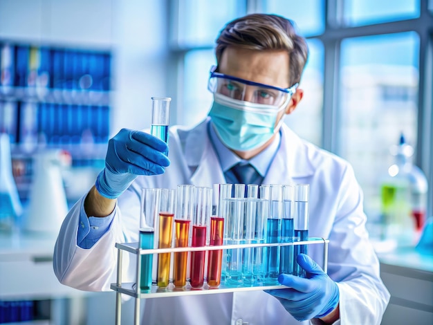 Scientist Examining Colorful Liquids in Test Tubes in a Laboratory Setting Generative AI