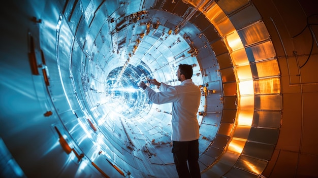 Photo scientist examining a fusion reactor