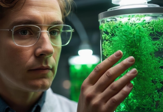 A scientist examining a green algae specimen in a laboratory the closeup view shows the scrutiny and