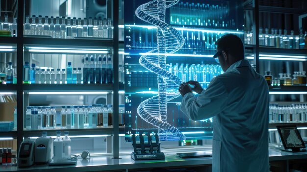 Scientist Examining a Holographic DNA Model in a Laboratory