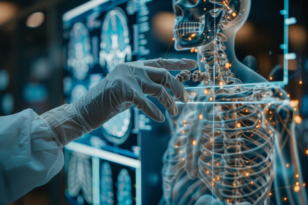 Scientist examining a human anatomy model with digital interface