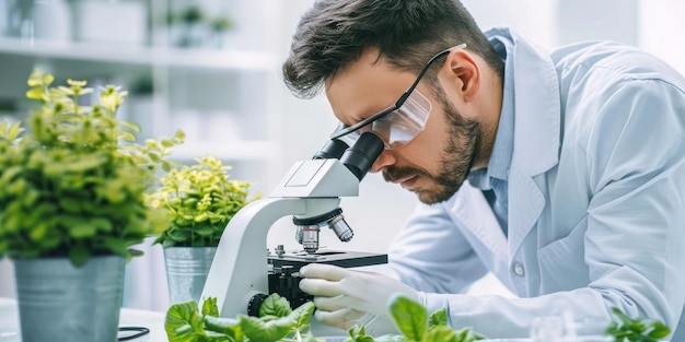 Photo scientist examining plant samples under a microscope