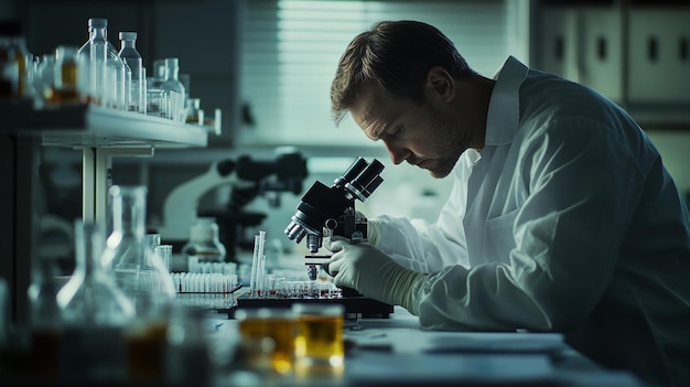 Photo scientist examining samples under a microscope in a laboratory during evening hours