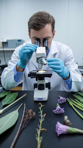 Photo scientist examining samples with plants