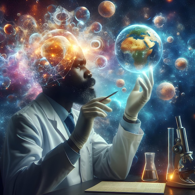 The scientist explores the universes mysteries his mind a realm of boundless curiosity and wonder