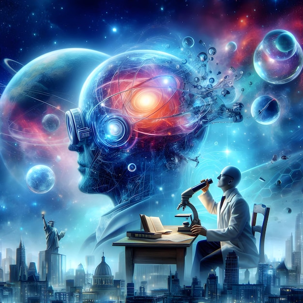 The scientist explores the universes mysteries his mind a realm of boundless curiosity and wonder