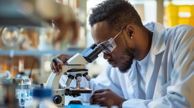 Scientist focusing intently while examining samples through a microscope in a modern lab