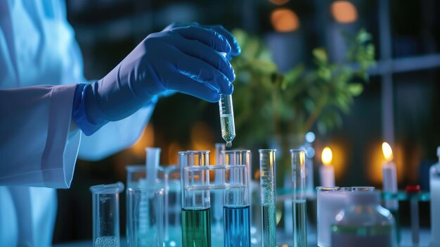 scientist hand dropping chemical liquid into test tube science research and development concept