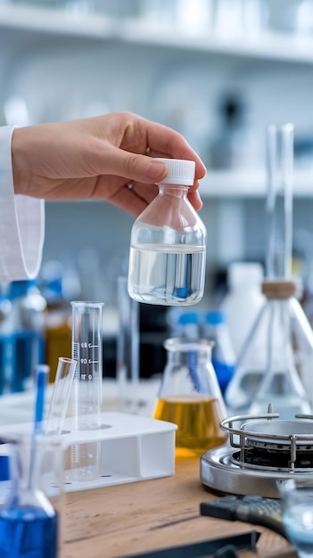 Photo scientist hand holding reagent bottle with chemical in laboratory