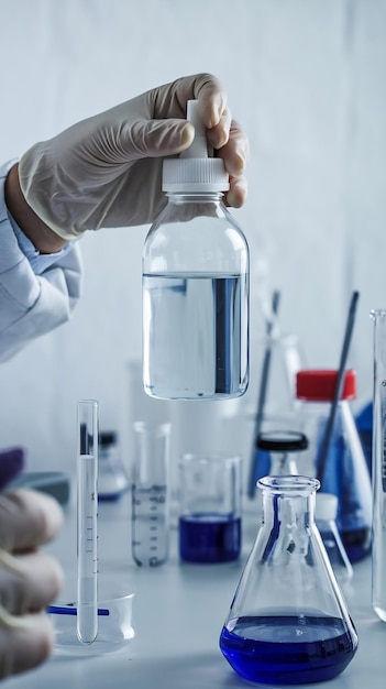 Photo scientist hand holding reagent bottle with chemical in laboratory