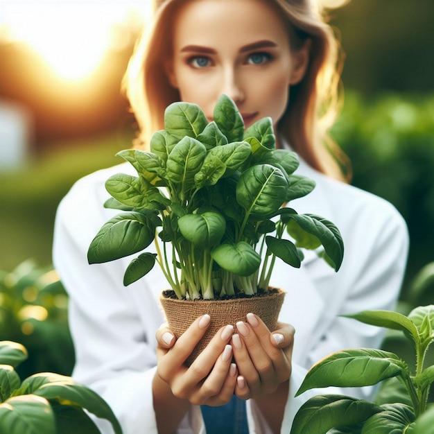 Scientist hand holding seedling and microscope science and biotechnology concept