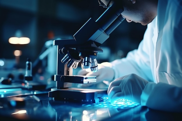 Scientist hands with microscope closeup shot in the laboratory