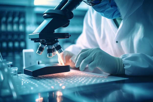 Scientist hands with microscope closeup shot in the laboratory