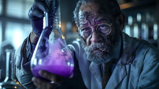 Scientist holding a beaker with a purple substance in a lab