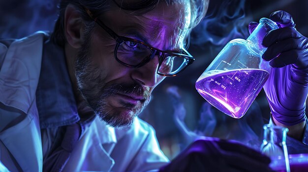 Photo scientist holding a beaker with a purple substance in a lab