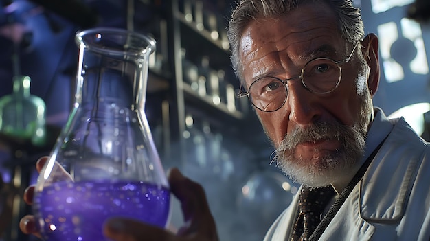 Photo scientist holding a beaker with a purple substance in a lab