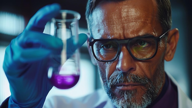 Photo scientist holding a beaker with a purple substance in a lab