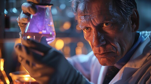 Photo scientist holding a beaker with a purple substance in a lab