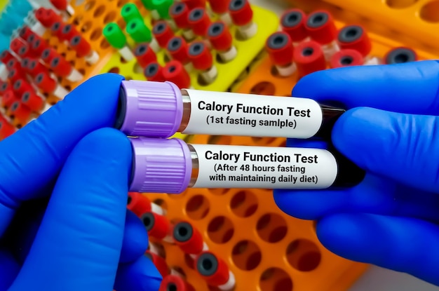 Scientist holding blood samples for calory function test in laboratory.