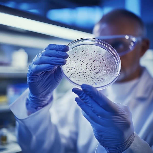 Photo scientist holding petri dish with growing cultures