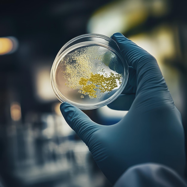 Scientist holding petri dish with growing cultures