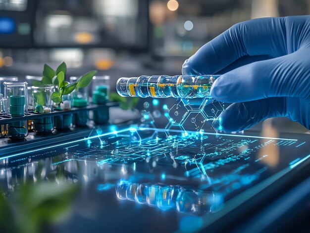 Photo scientist holding a test tube with glowing digital elements