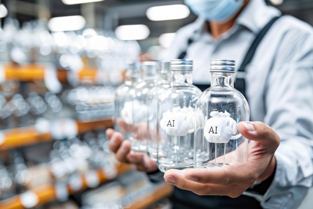 Scientist holding vials labeled with AI in a laboratory illustrating the integration of artificial