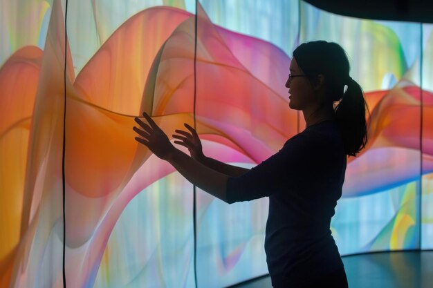 Photo scientist interacting with large screen displaying abstract colorful graphics