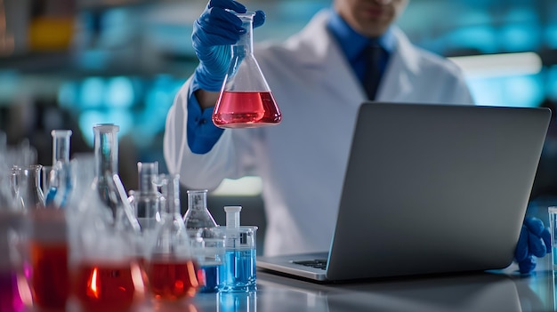 Photo a scientist is holding a test tube in his hand and the lab has red liquid in it