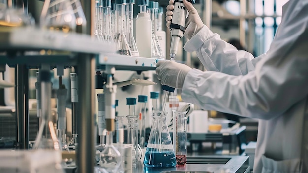 a scientist is holding a test tube in a lab with other laboratory equipment