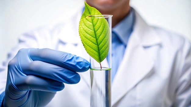 Photo a scientist is holding a test tube with a leaf in it