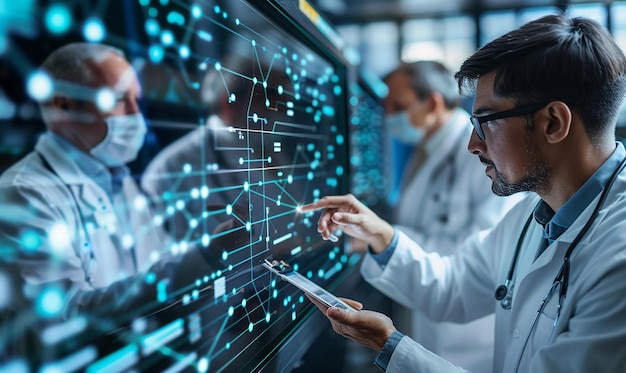 Photo a scientist is looking at a screen with a man in a lab coat