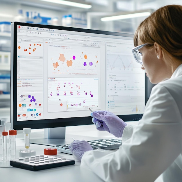 Photo a scientist is working on a computer with a lab lab in the background