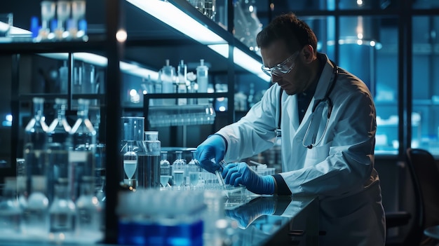 The scientist is working hard to find cure for cancer He is mixing chemicals and testing them to see if they have any effect on cancer cells