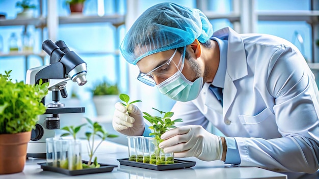 Photo a scientist is working in a lab with plants and a scientists mask