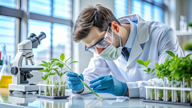 Photo a scientist is working in a lab with plants