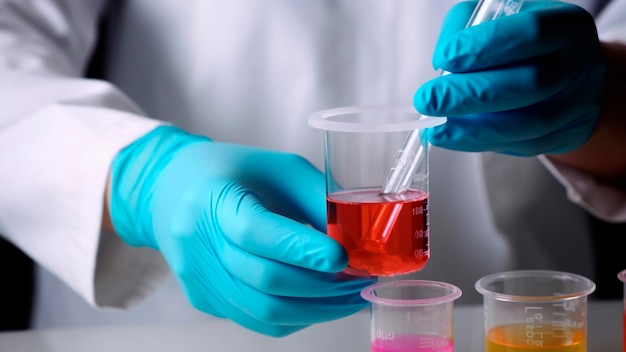 A scientist in a lab coat and blue gloves holds a beaker filled with red liquid.