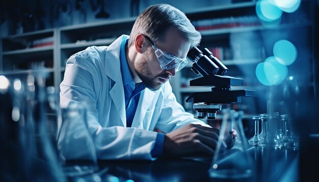 A scientist in a lab coat carefully observing specimens through a microscope in a welllit laborator