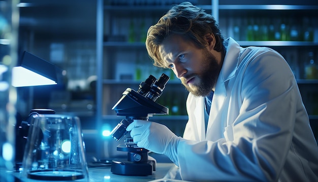 A scientist in a lab coat carefully observing specimens through a microscope in a welllit laborator