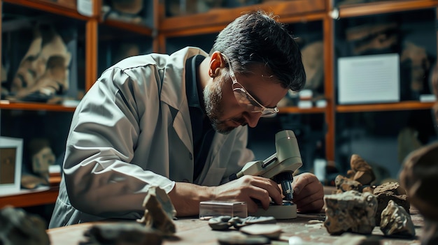 A scientist in a lab coat examines a fossil under a microscope