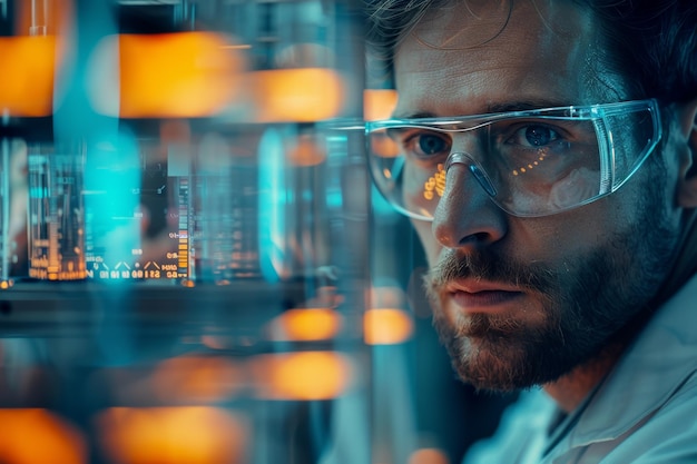 Scientist in Lab Coat and Glasses Observing Experiment