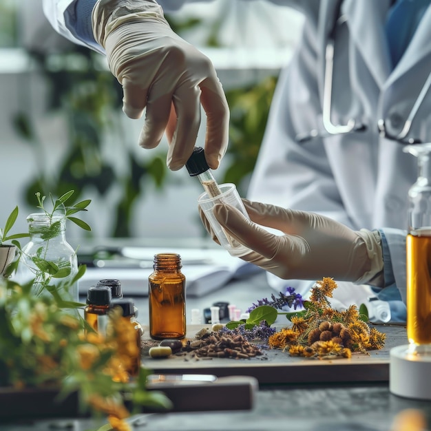 Photo scientist in lab coat and gloves preparing herbal medicine with organic ingredients in a modern laboratory setting