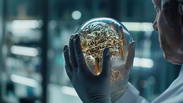 Photo a scientist in a lab coat holds a glowing brain in a glass sphere