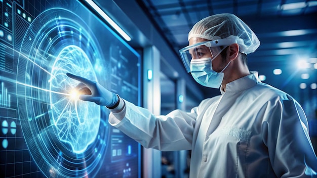 a scientist in a lab coat is holding a blue brain in front of a monitor