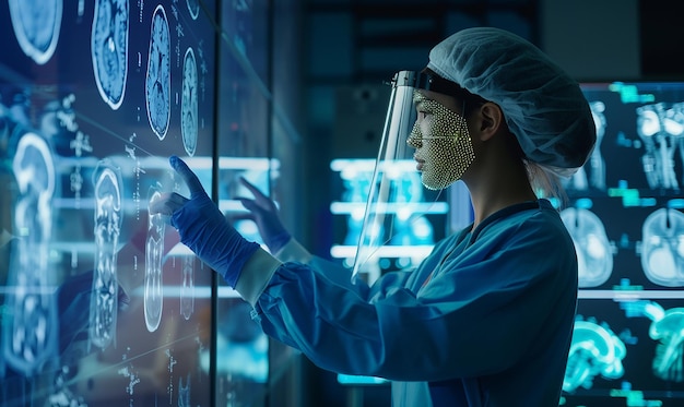 Photo a scientist in a lab coat is looking at a glass with a blue background with a large clock face