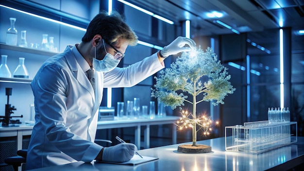 Photo a scientist in a lab coat is looking at a plant with a tree in the background