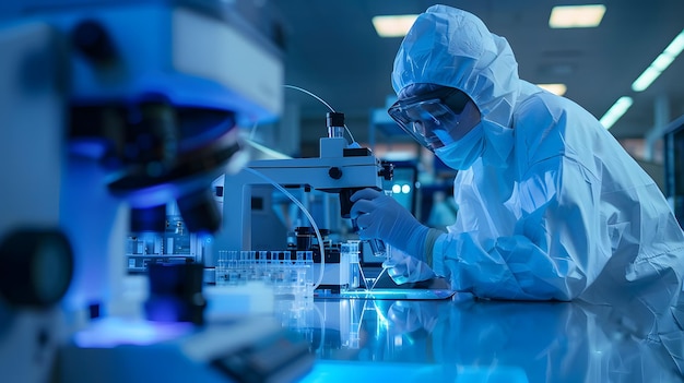 a scientist in a lab coat is looking through a microscope