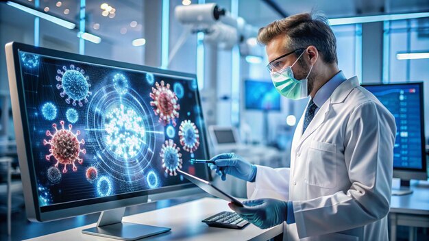 a scientist in a lab coat is using a computer monitor with a blue and green graph