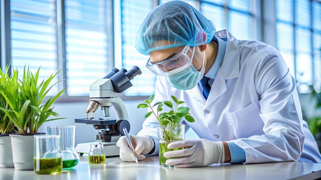 a scientist in a lab coat is using a microscope and a plant